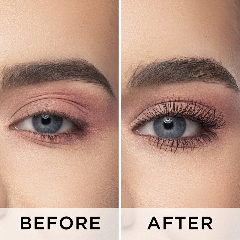Vorher-Nachher-Vergleich von Mascara auf Augen.