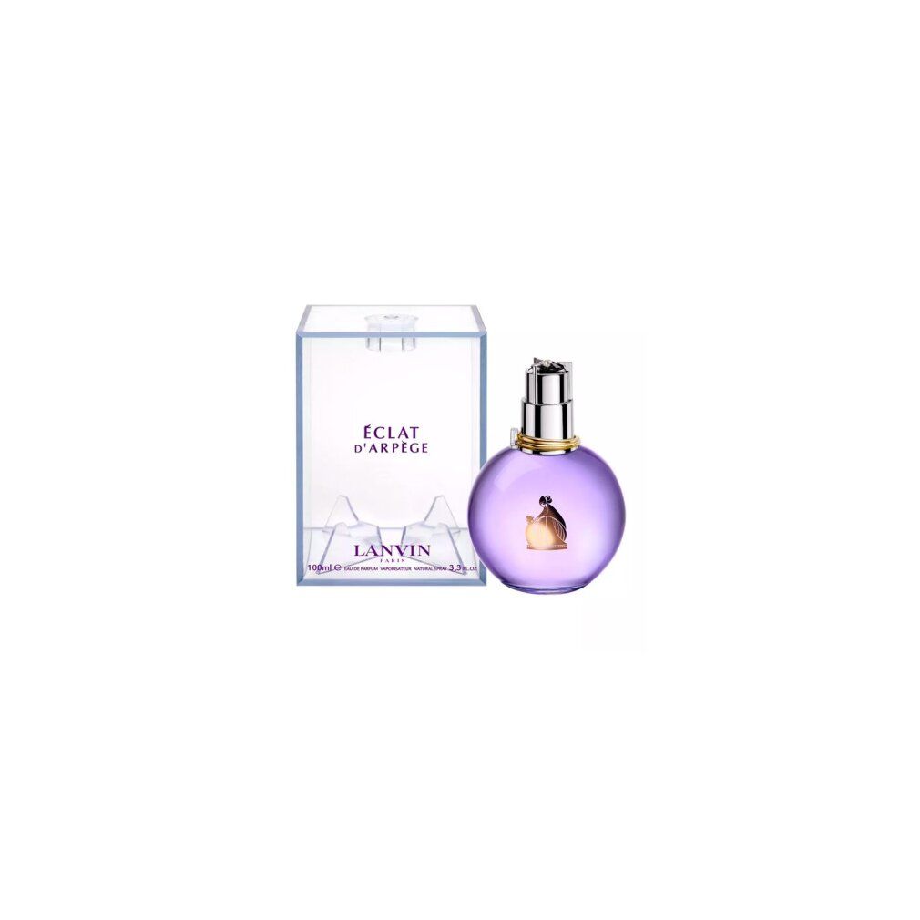 Lanvin Eclat d'Arpège Flakon und Verpackung. Flakon rund, violett. Verpackung transparent, rechteckig. Aufschrift: Eclat d'Arpège, Lanvin Paris.