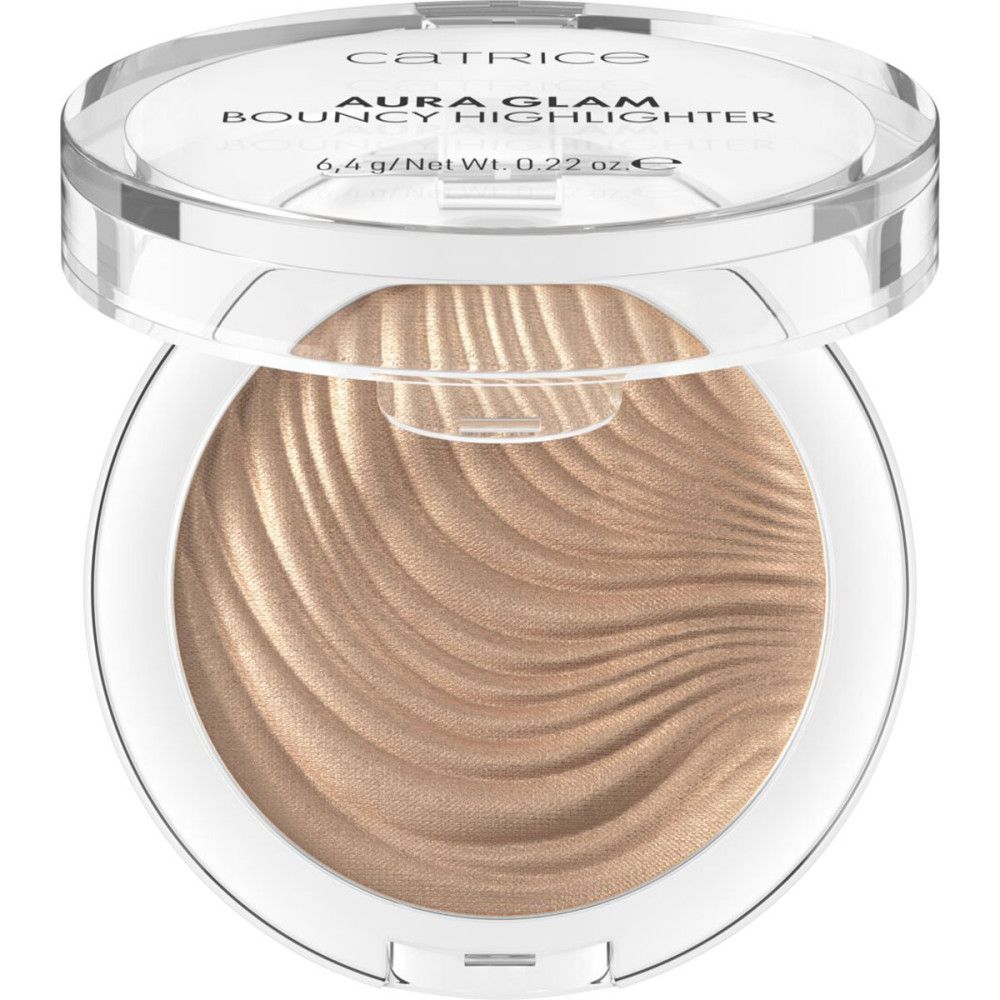 Highlighter in transparenter Dose, Deckel geöffnet. Aufschrift: Catrice, Aura Glam Bouncy Highlighter. Inhalt: 6,4 g/Net Wt. 0.22 oz.
