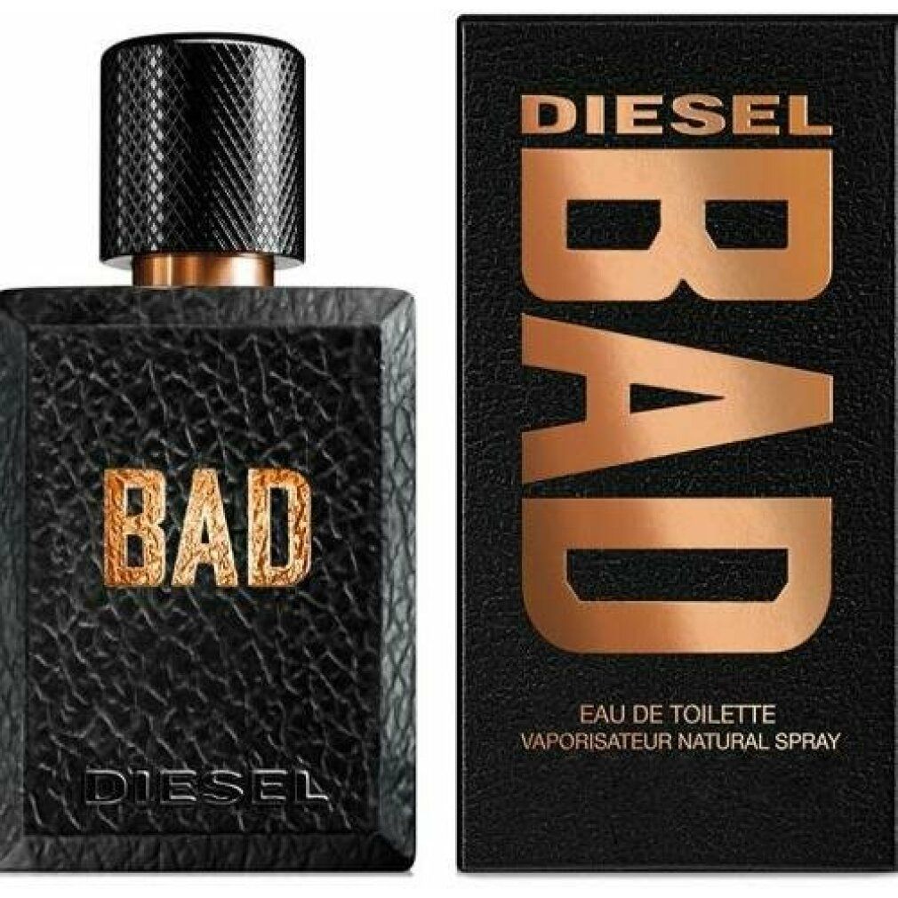Schwarzer Flakon und Verpackung von Diesel Bad Eau de Toilette. Goldfarbener Schriftzug "BAD". Schwarzer Deckel.