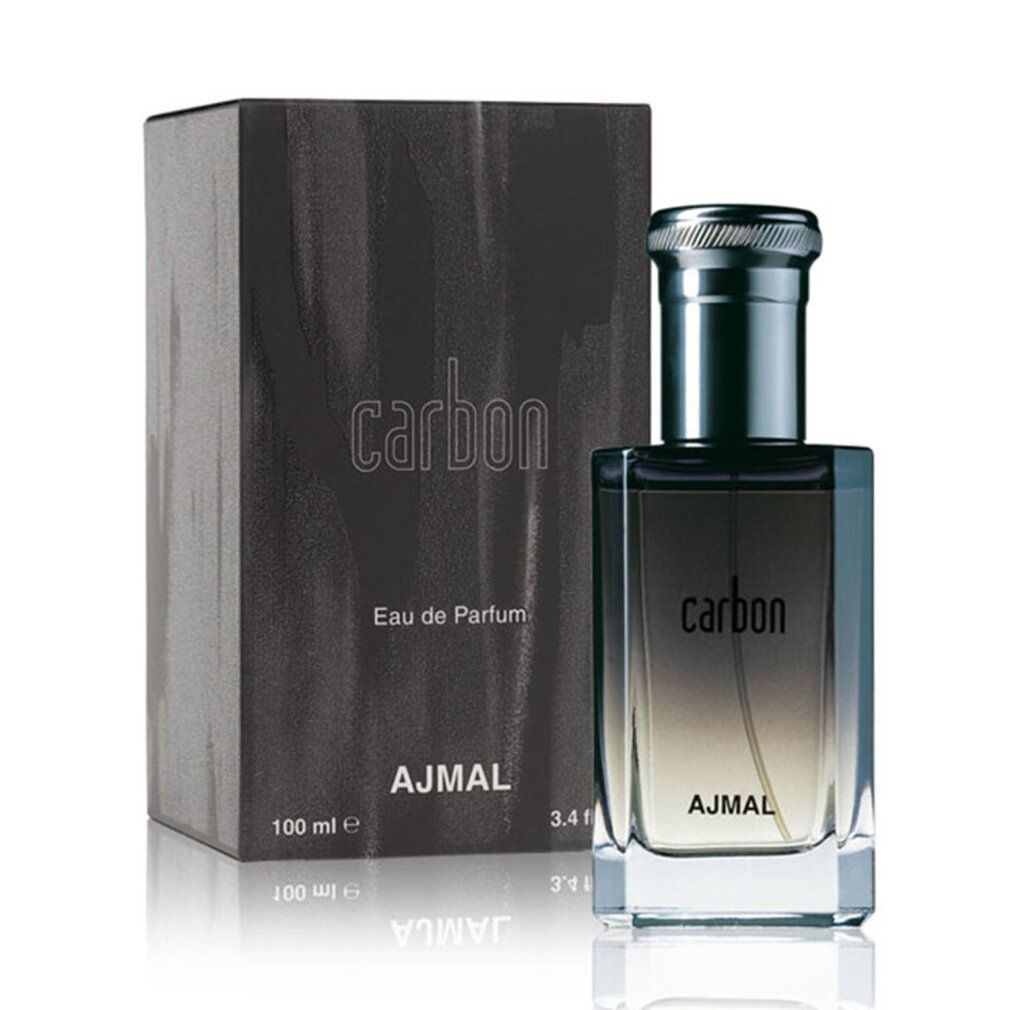 Parfümflakon und Verpackung. Flakon mit silbernem Deckel, Aufschrift "carbon" und "AJMAL". Verpackung mit "carbon" und "AJMAL".