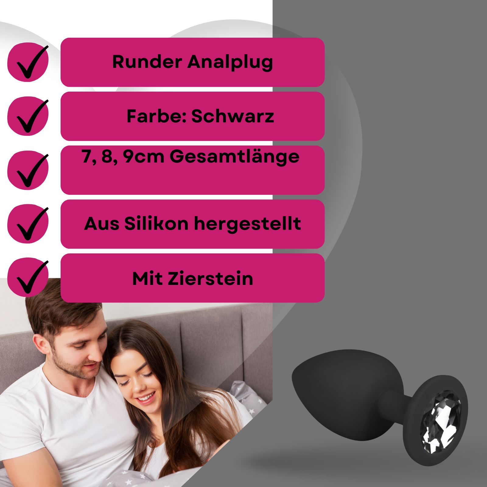 Easytoys - Analplug aus Silikon in Schwarz mit Zierstein - SET
