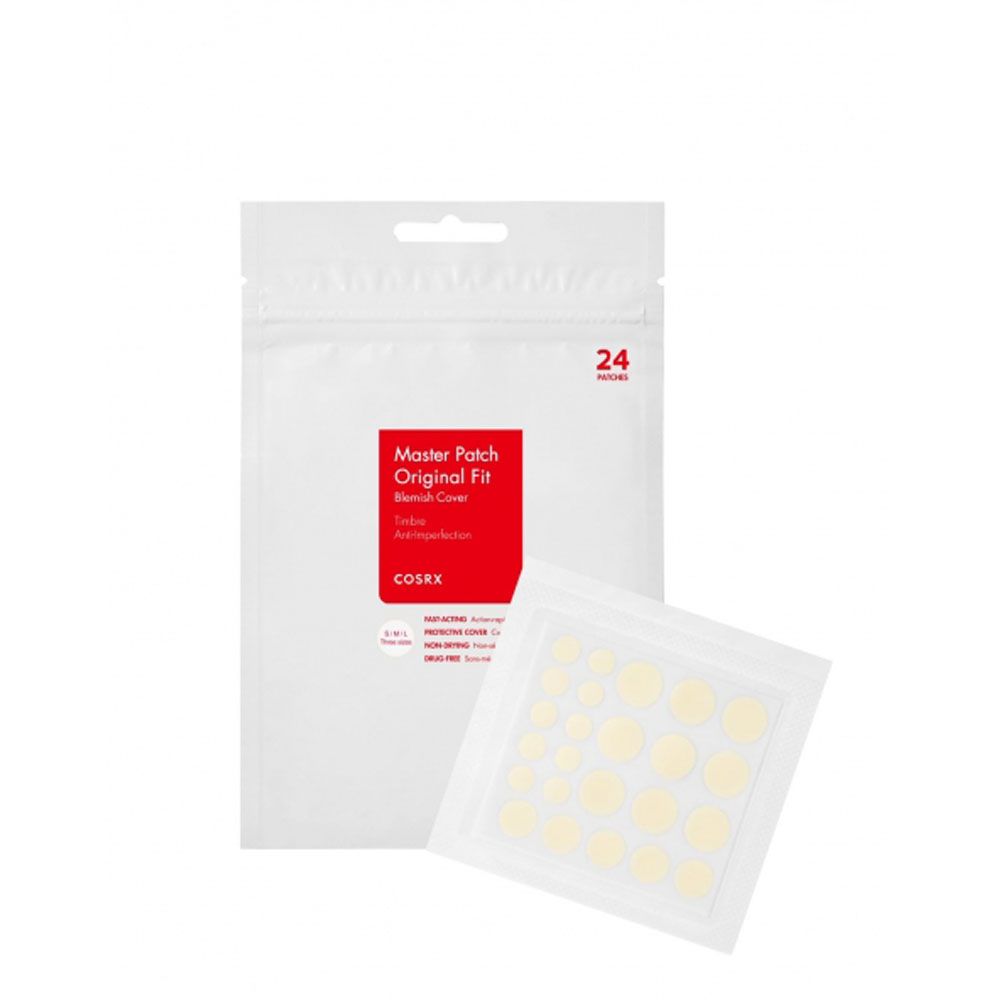 Verpackung mit Cosrx Master Patch Original Fit. Rote Schrift auf weißem Hintergrund. 24 Patches.