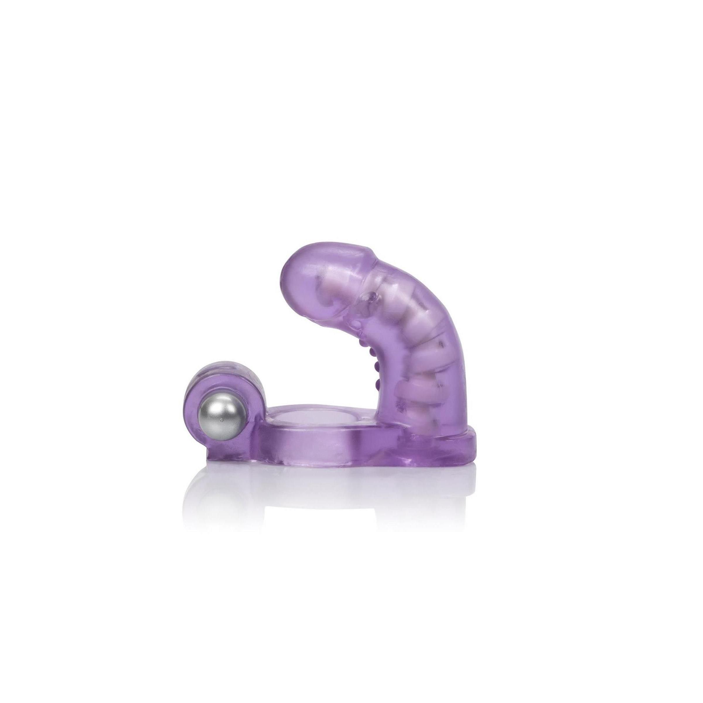 Lila, durchsichtiger Ring mit einem erhabenen Teil und einer Kugel. Das Produkt hat eine Form, die für den Gebrauch bestimmt ist.