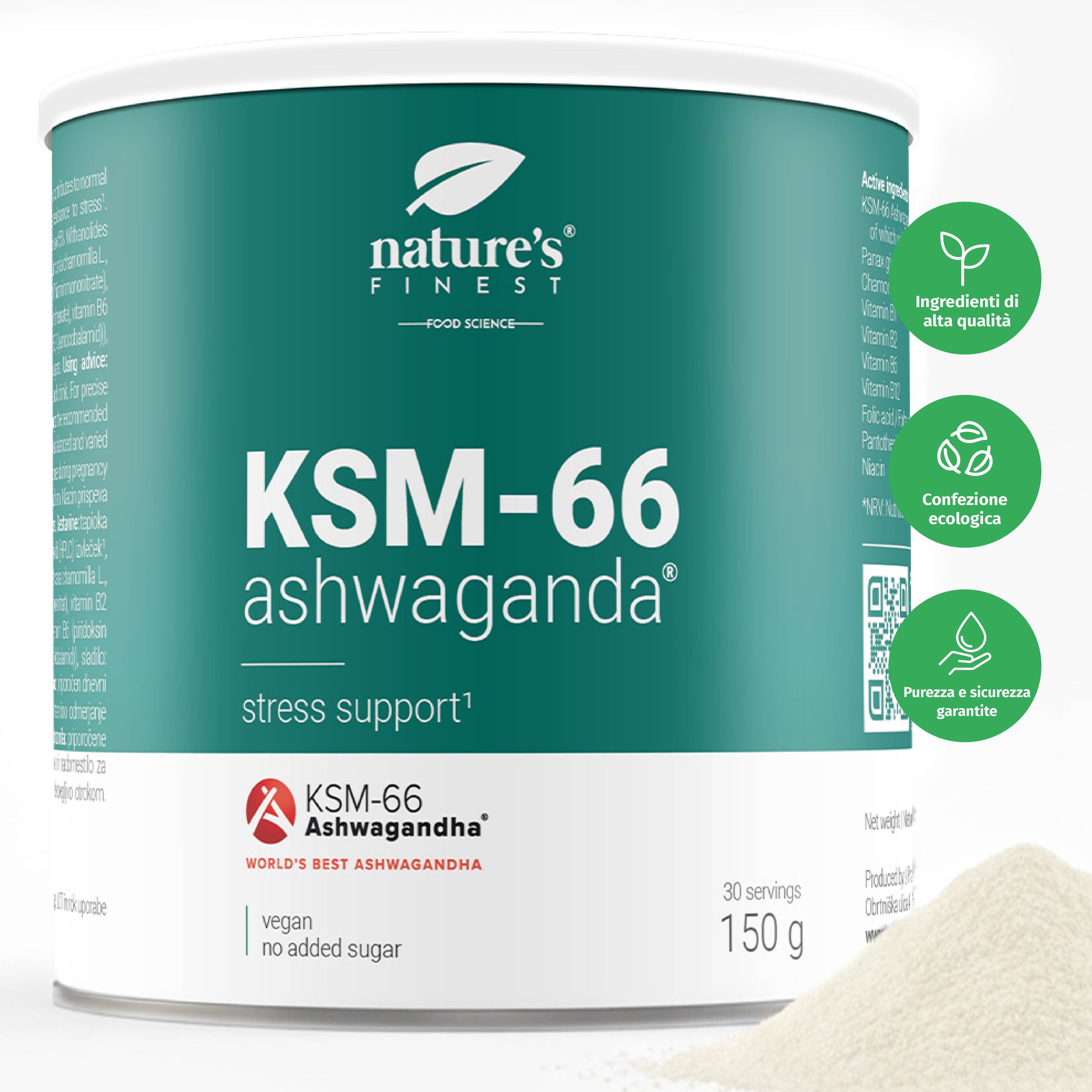 Dose mit KSM-66 Ashwagandha, 150g, 30 Portionen. Vegan, ohne Zuckerzusatz. Grün-weißes Etikett mit Logo und Produktinformationen. Zertifizierungen.