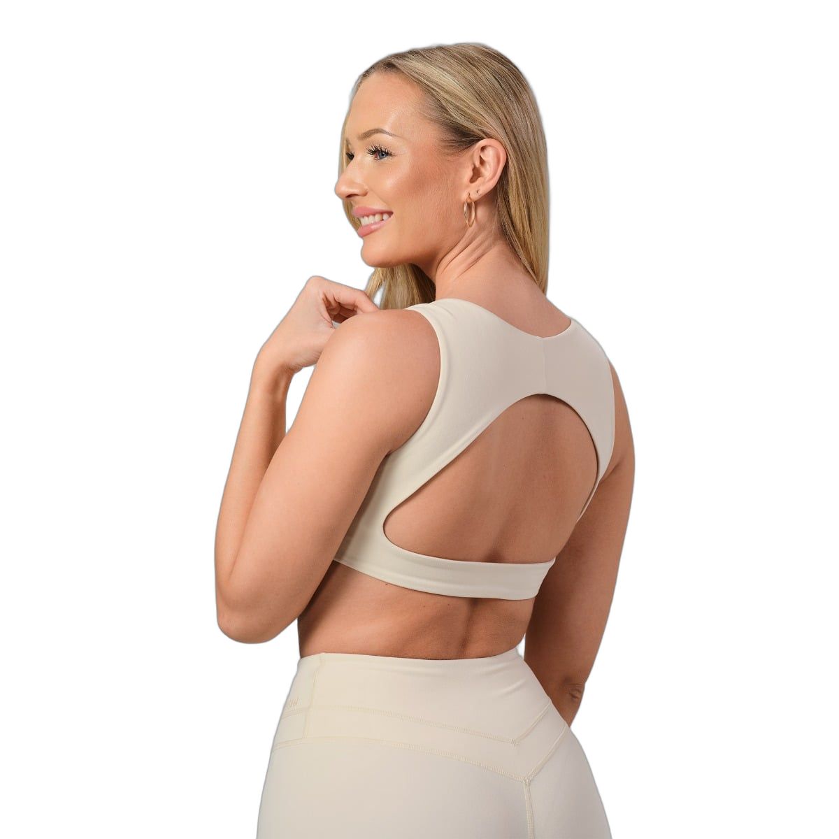 GymBeam Sport-BH Damen mit breiten Trägern und Open-Back-Design Almond