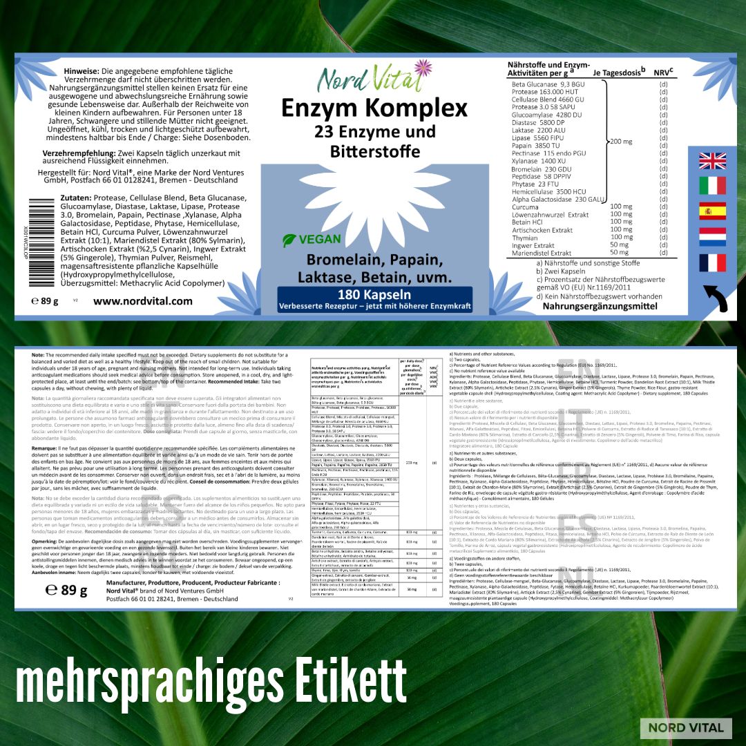 Nord Vital Enzym Komplex mit 23 aktiven Inhaltsstoffen – magensaftresistente Kapseln