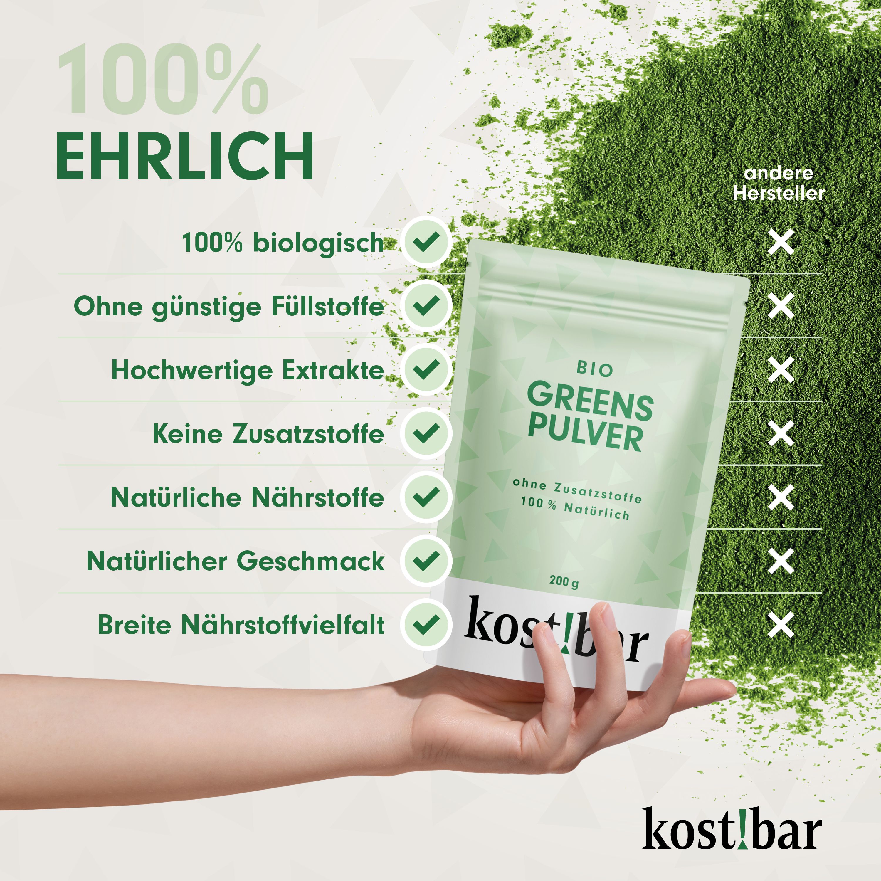 Hand hält Beutel mit grünem Pulver, Text: 100% ehrlich, BIO Greens Pulver, ohne Zusatzstoffe, Marke kost!bar.