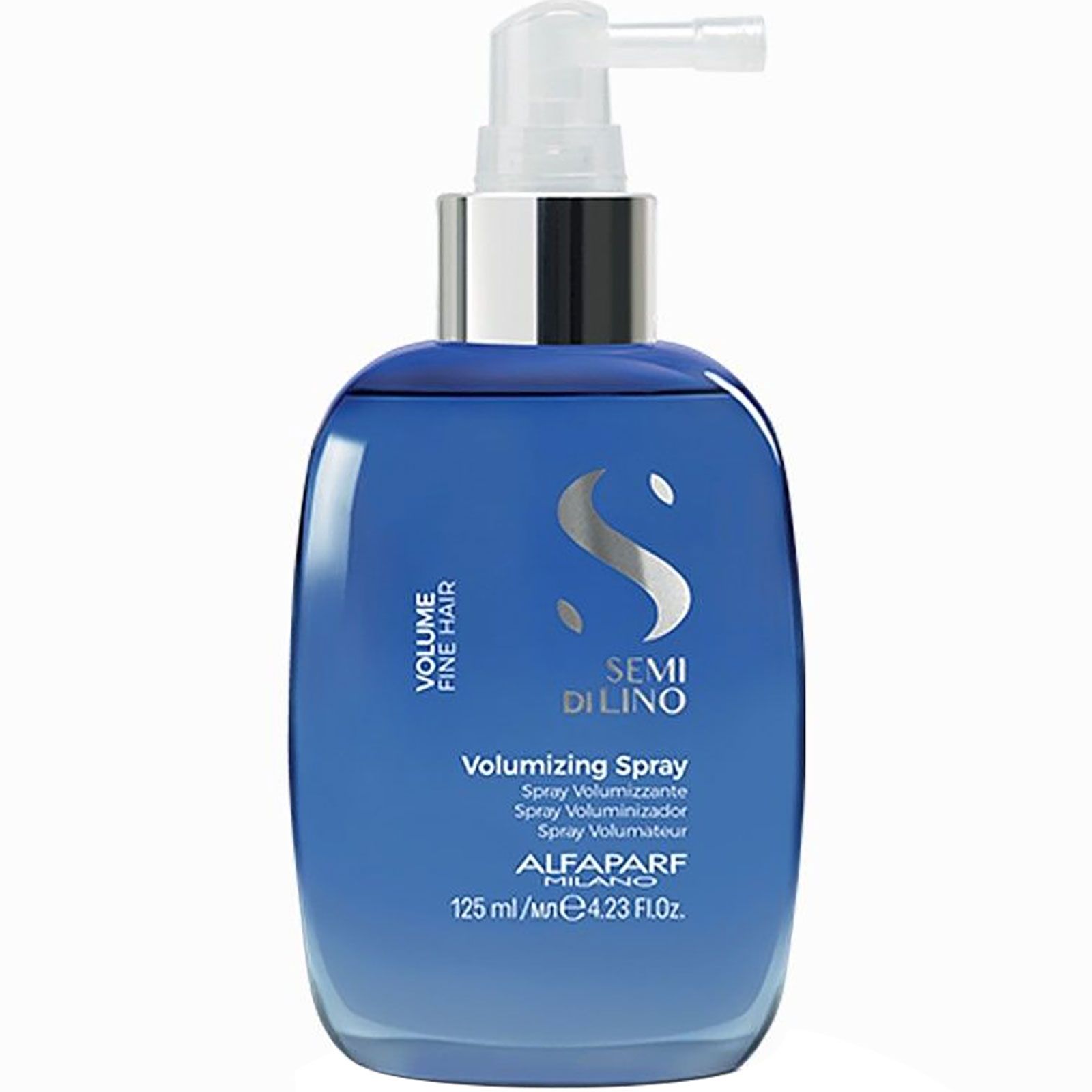 Blauer Flakon mit Pumpspender. Aufschrift: Semi di Lino Volumizing Spray.