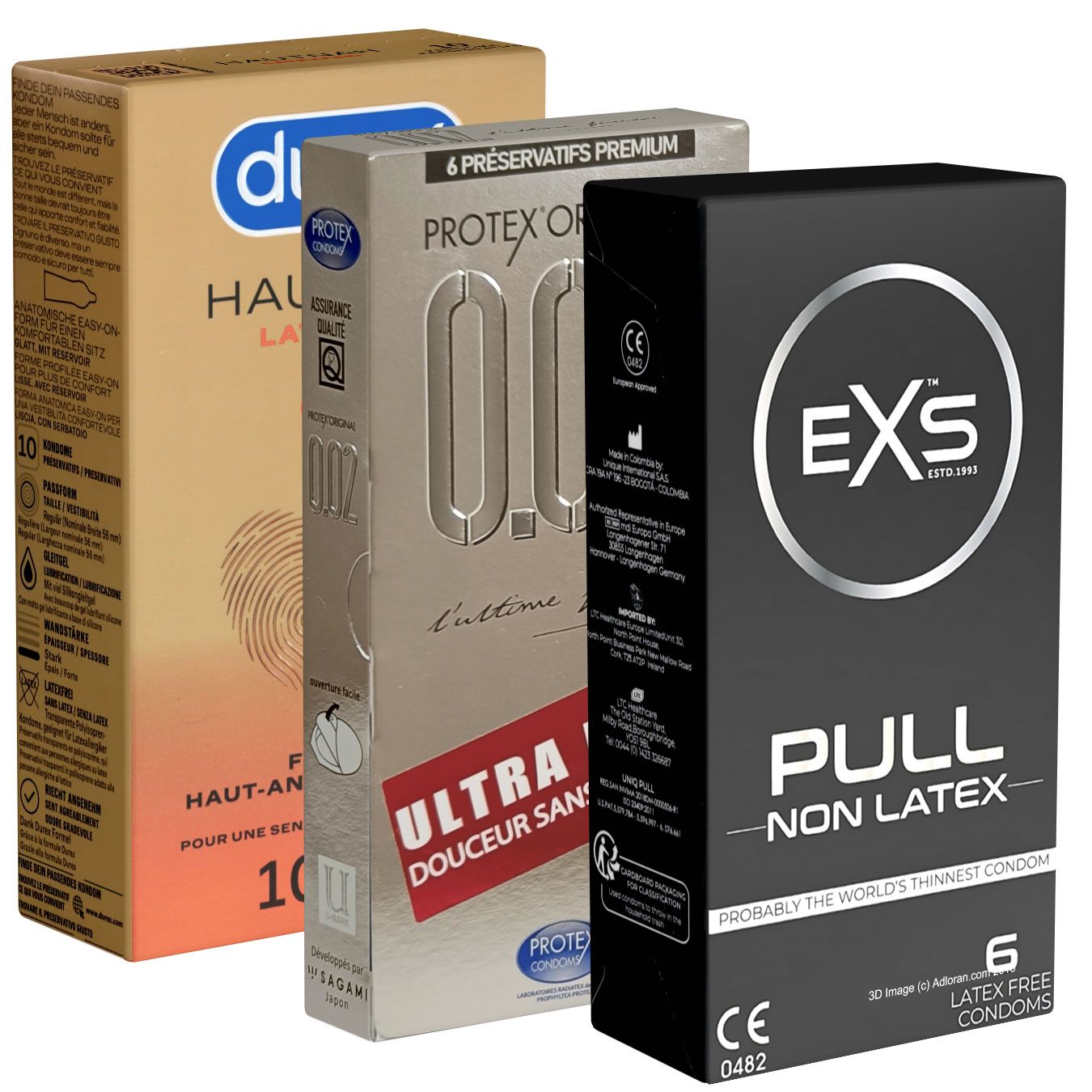 Drei Kondom-Verpackungen. Marken: Durex, Protex, und EXS. Schwarze, silberne und braune Schachteln mit Produktinformationen.