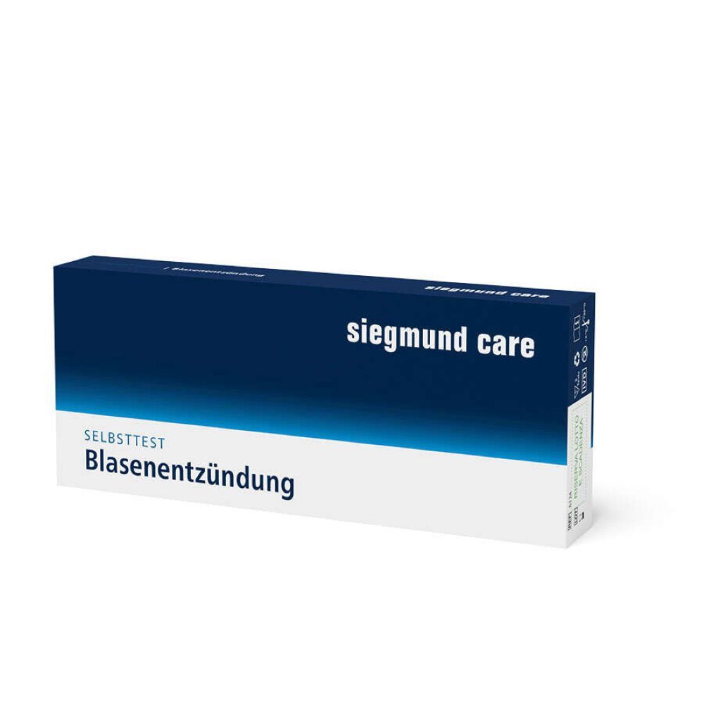 Verpackung: Siegmund Care Blasenentzündung Selbsttest. Blau-weiße Schachtel mit Produktinformationen.