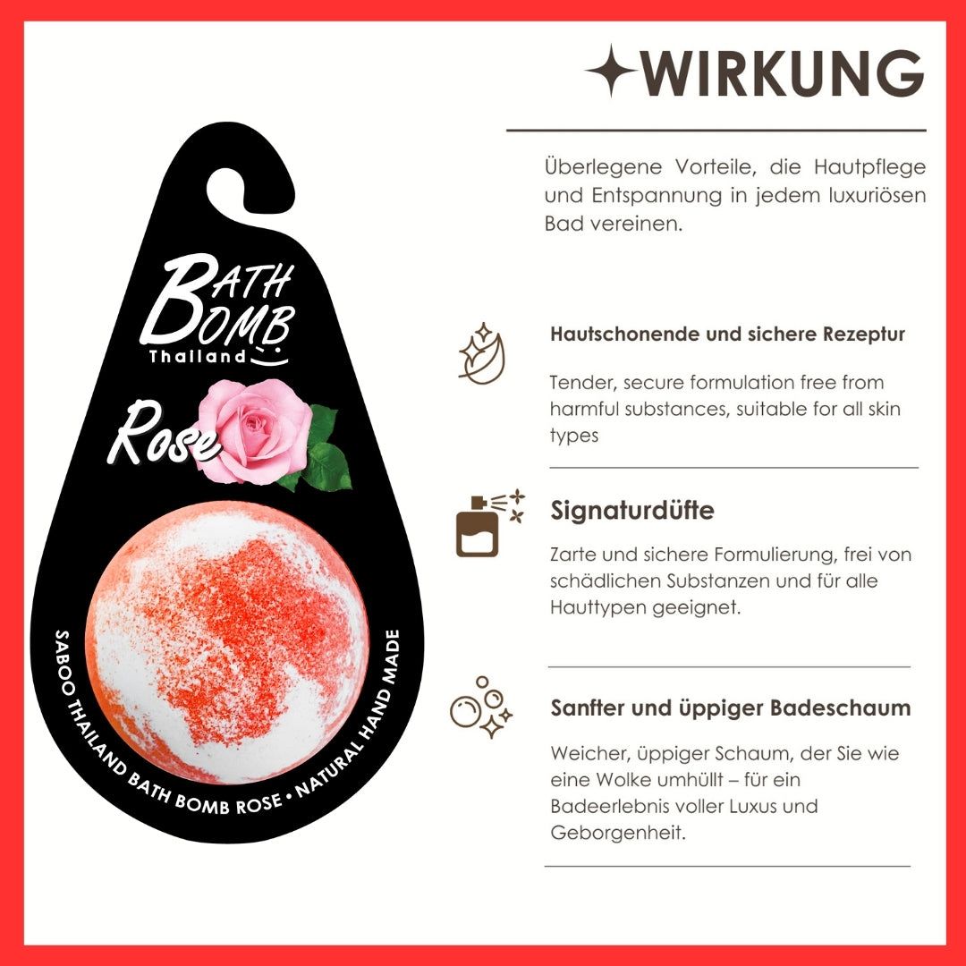 Schwarzes Etikett mit Rose-Badbombe. Text: Bath Bomb, Rose, SABOO Thailand, Natural Hand Made.