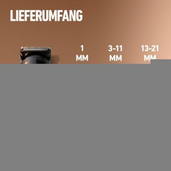 Nahaufnahme des Bartschneiders. Text: 'LIEFERUMFANG'. Aufsätze mit Längenangaben: 1 mm, 3-11 mm, 13-21 mm.