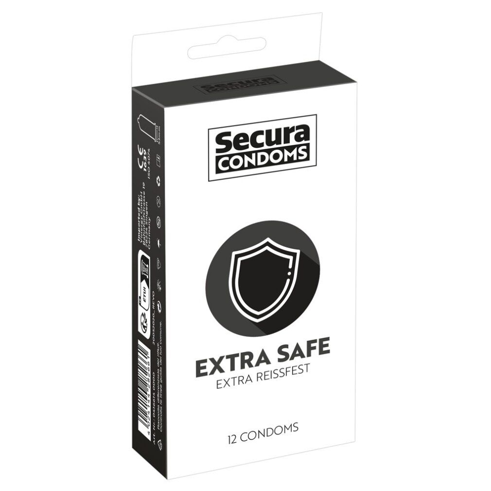 Verpackung von Secura Extra Safe Kondomen. Schwarze und weiße Schachtel mit Logo und Produktbezeichnung. 12 Kondome.