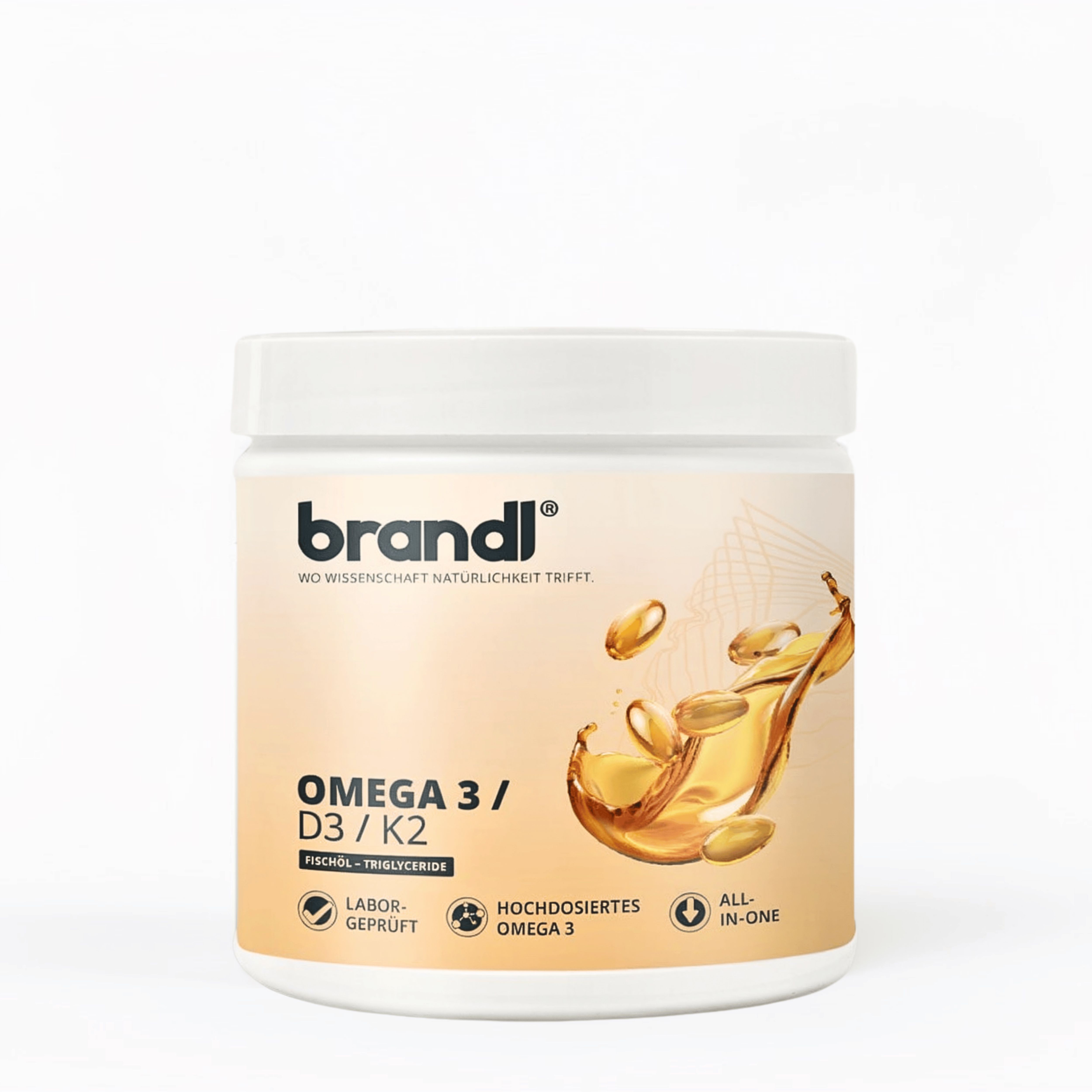 Weißer Behälter mit "brandl" und "OMEGA 3 / D3 / K2". Gelbe Kapseln daneben. Hochdosiertes Omega 3.