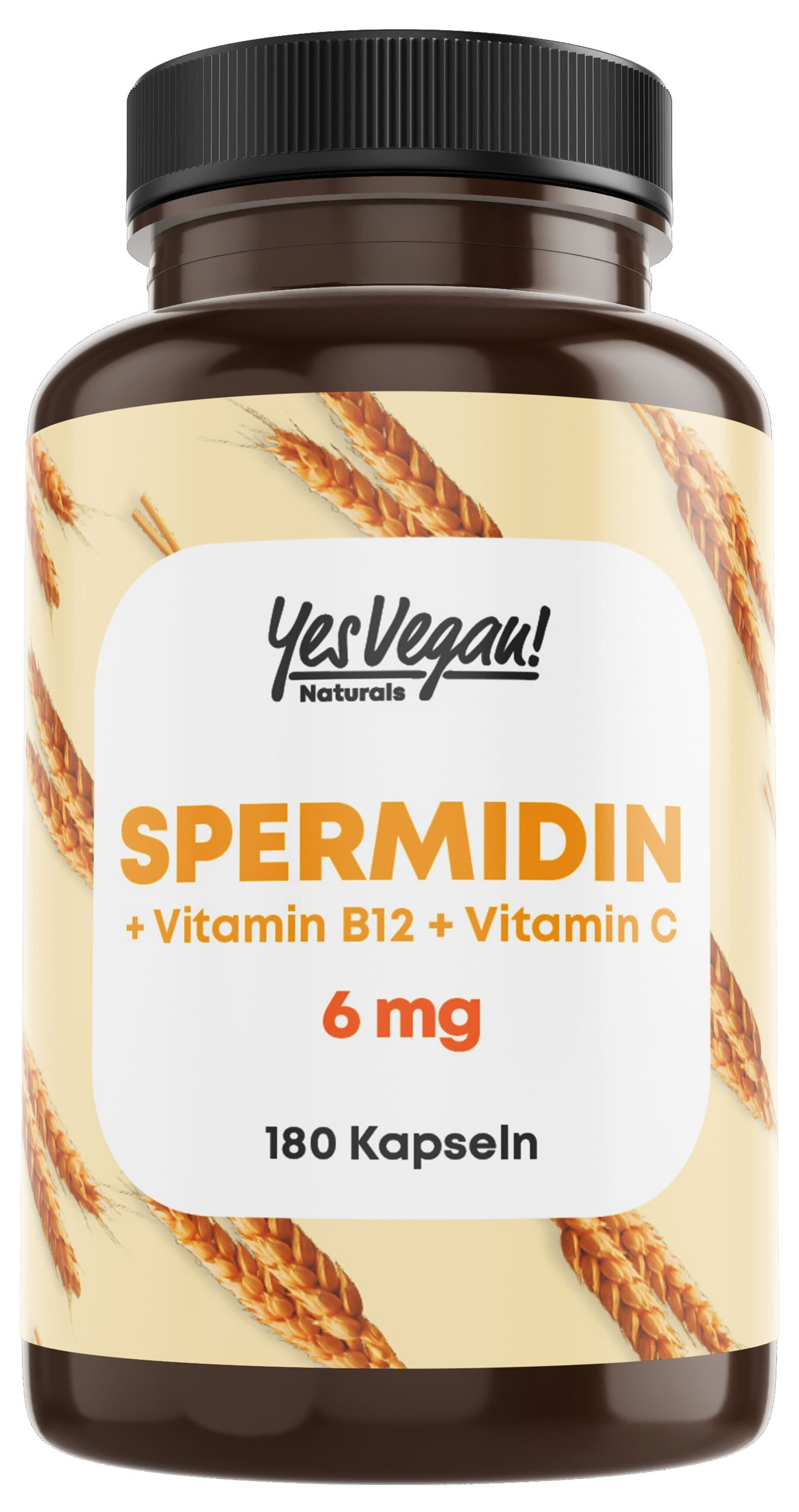 Braune Flasche mit Kapseln. Aufschrift: Spermidin + Vitamin B12 + Vitamin C. 180 Kapseln. 6 mg.