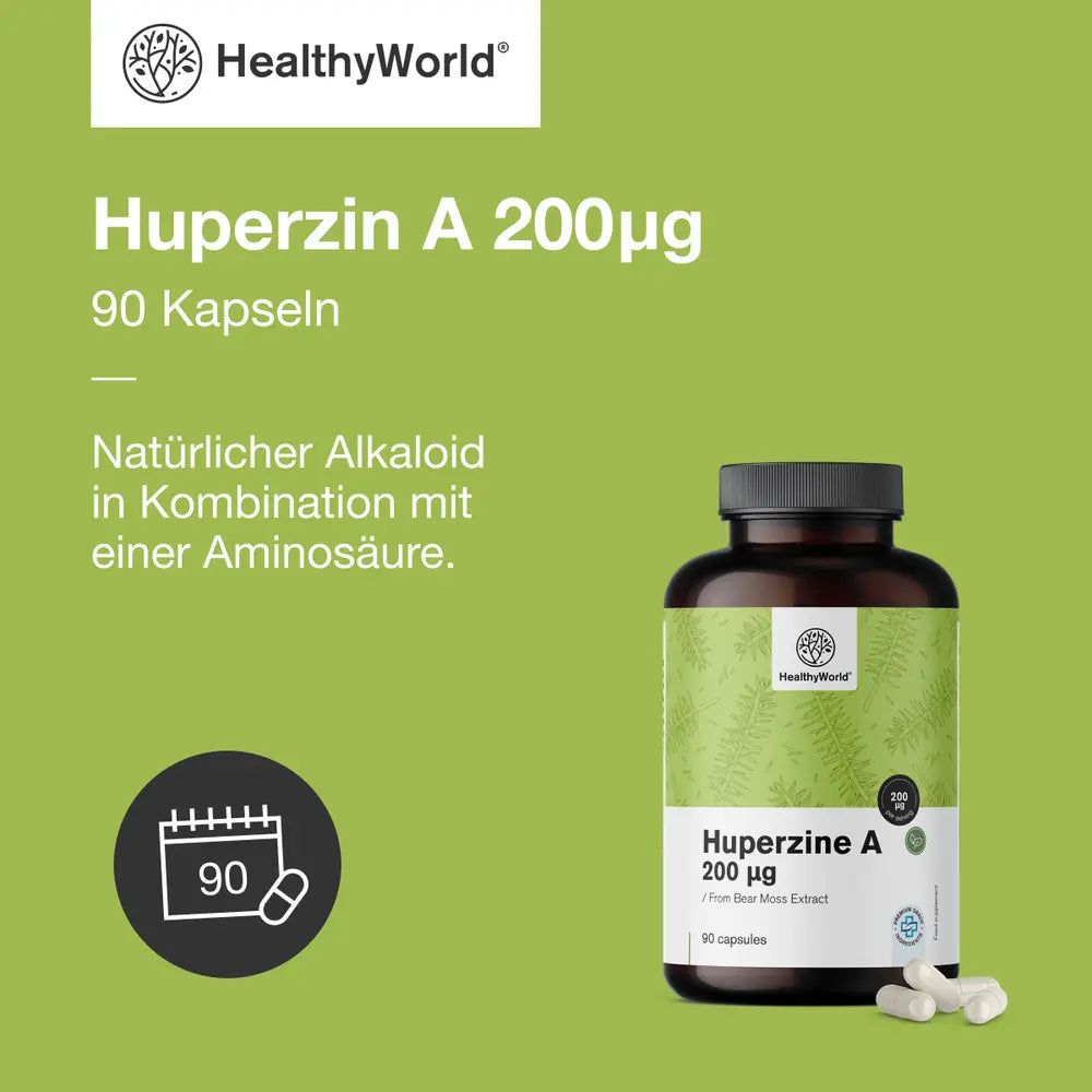 Produktabbildung mit Flasche und Kapseln. Aufschrift: Huperzin A 200 µg, 90 Kapseln. Text: Natürlicher Alkaloide in Kombination mit einer Aminosäure.