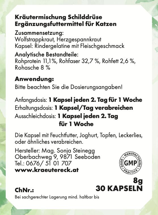 Etikett mit Text: Kräutermischung Schilddrüse. Zusammensetzung, analytische Bestandteile, Anwendung, Hersteller. 30 Kapseln, 8g, GMP-Siegel.