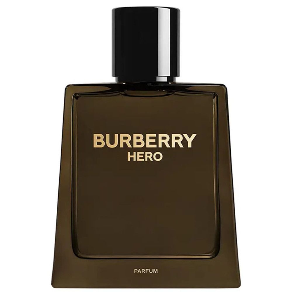 Braune Parfümflasche mit schwarzem Deckel. Aufschrift: BURBERRY HERO. Eckige Form.