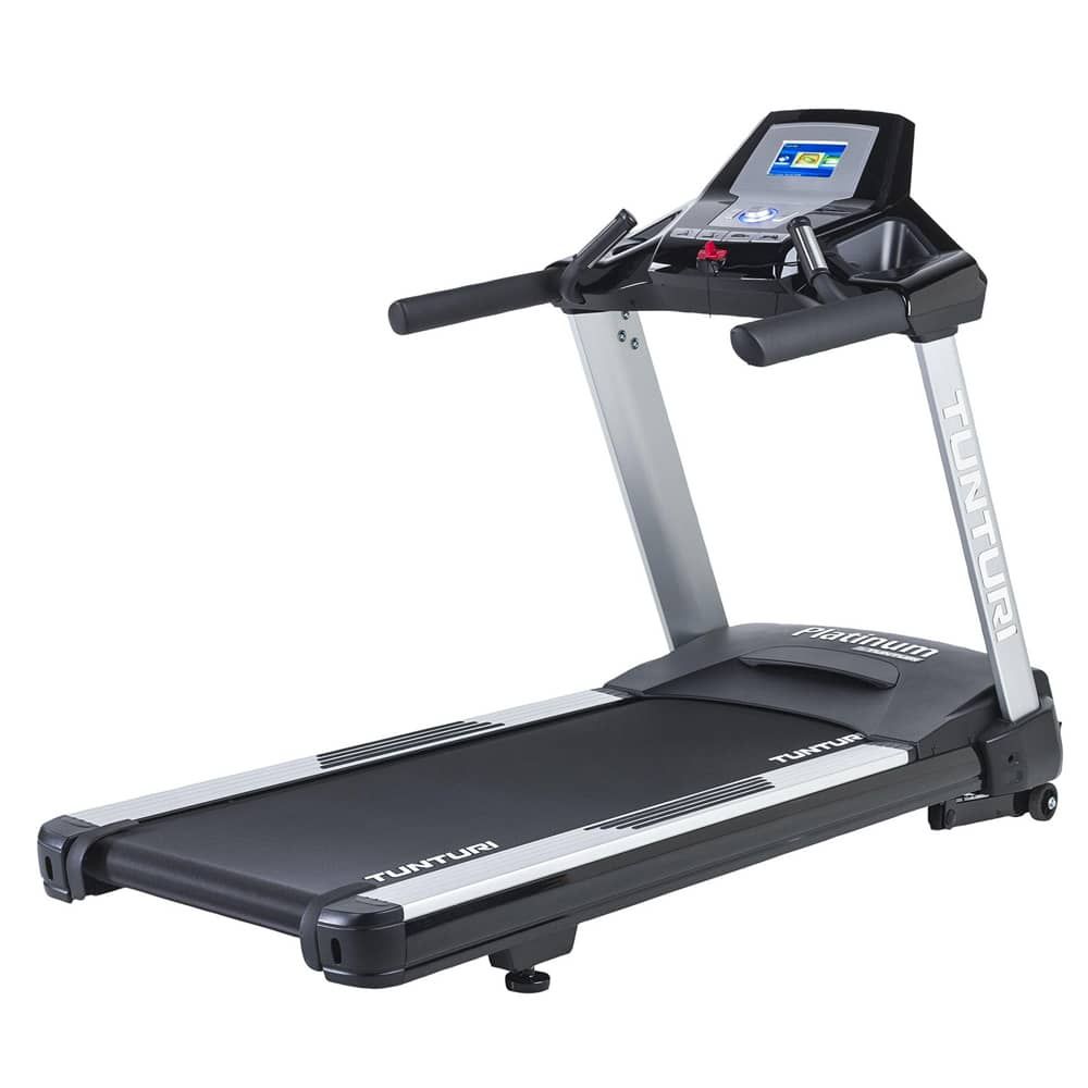 Laufband mit silbernen Stützen und schwarzer Lauffläche. Konsole mit Display und Bedienelementen. Tunturi-Logo sichtbar.