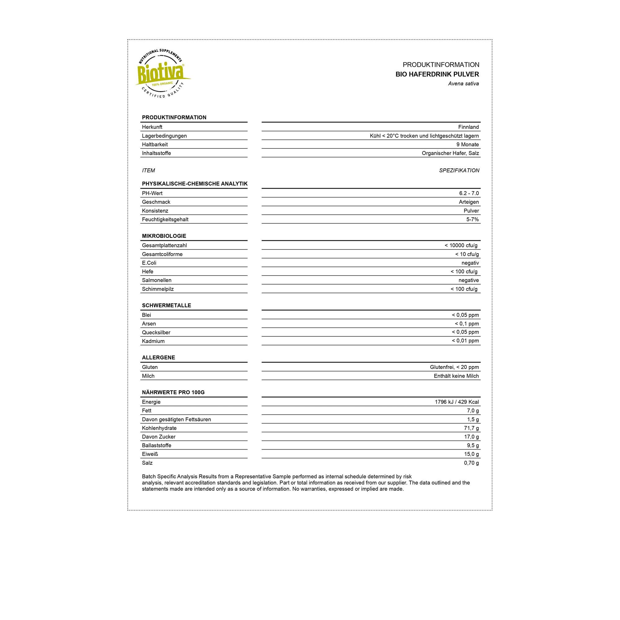 Produktinformationen für Biotiva Haferdrink Pulver. Enthält Analyseergebnisse, Inhaltsstoffe und Nährwertangaben.
