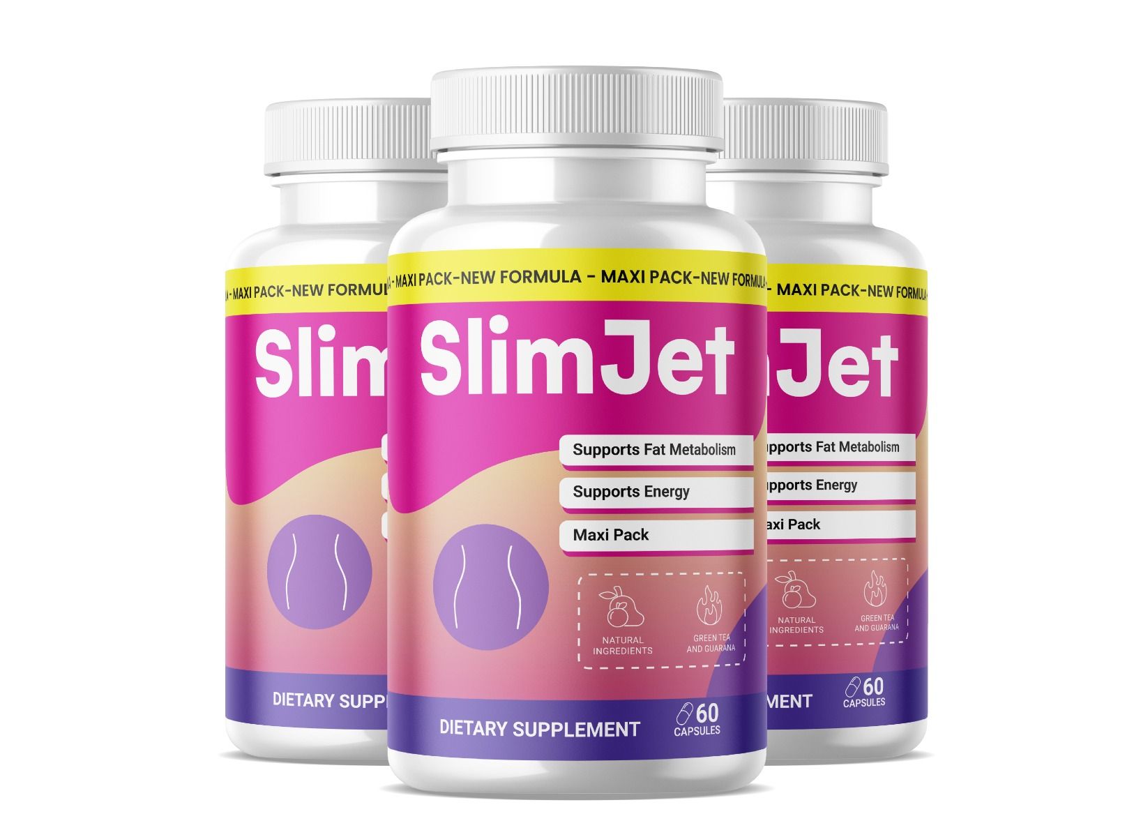 Drei weiße Pillenbehälter mit rosa Etiketten. Aufschrift SlimJet, unterstützt Fettstoffwechsel, Energie und Maxi-Pack. 60 Kapseln.