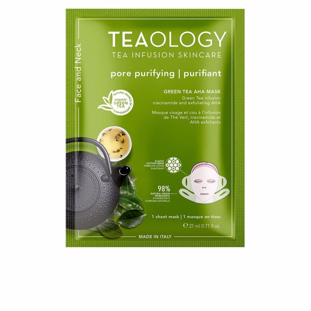 Grüne Verpackung mit Produktinformationen. Text: Teaology Tea Infusion Skincare, Green Tea AHA Mask. Abbildung: Teekanne, Tee, Gesichtsmaske.