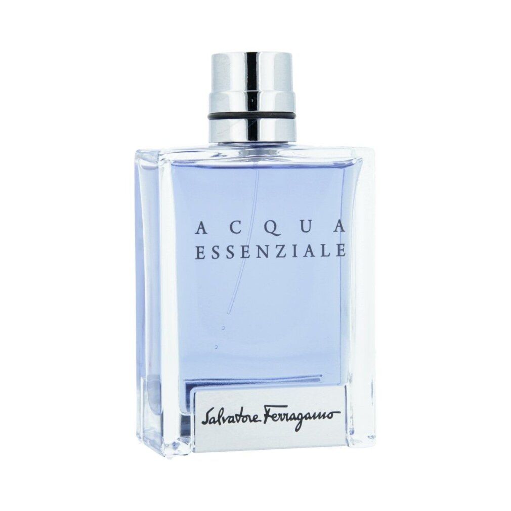 Hellblaues Eau de Toilette in quadratischem Flakon mit silbernem Verschluss. Aufschrift: Acqua Essenziale, Salvatore Ferragamo.