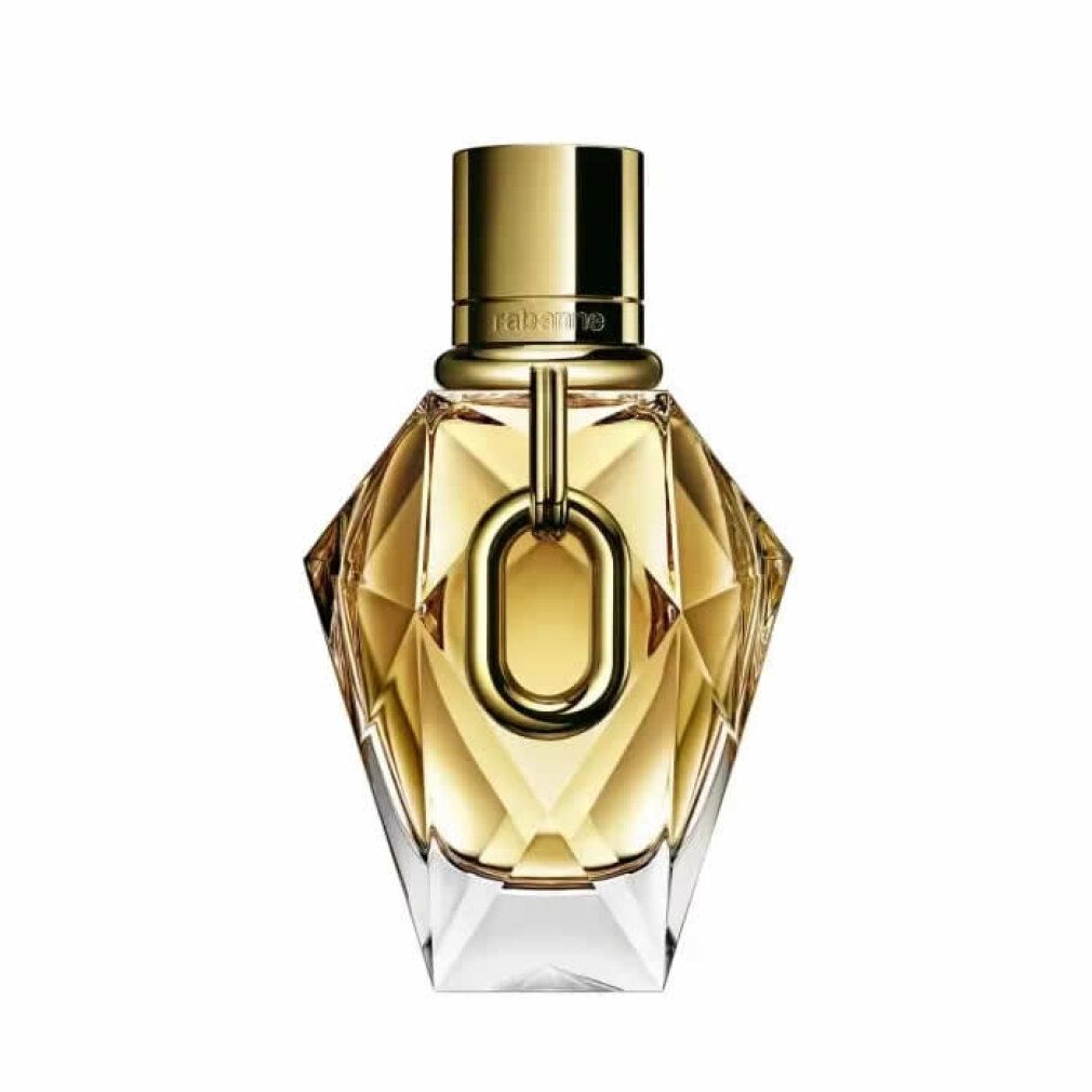 Goldfarbener Flakon mit goldfarbenem Verschluss und Anhänger. Aufschrift: Rabanne.