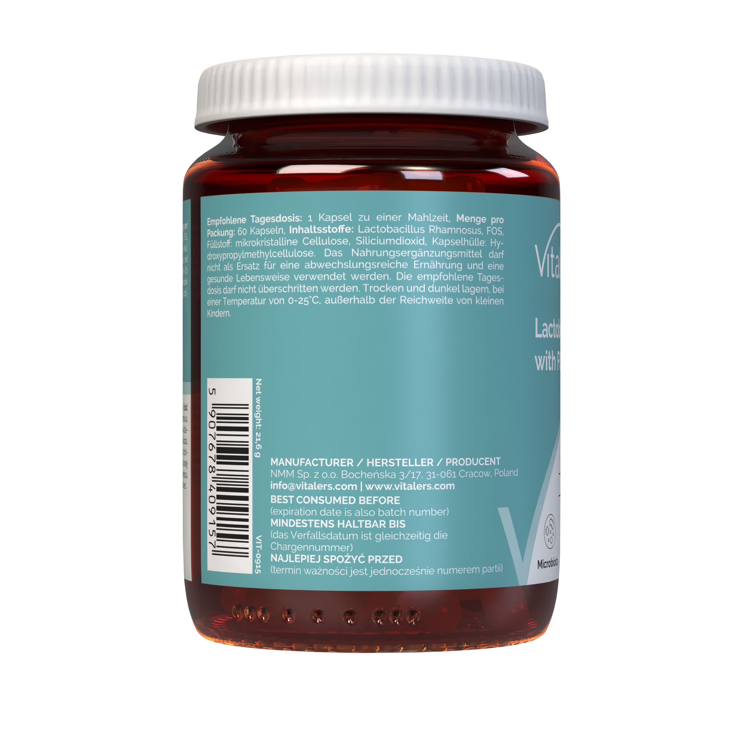 Vitaler's Lactobacillus Rhamnosus mit FOS: Rückseite der Flasche mit Herstellerangaben und Haltbarkeitsdatum.