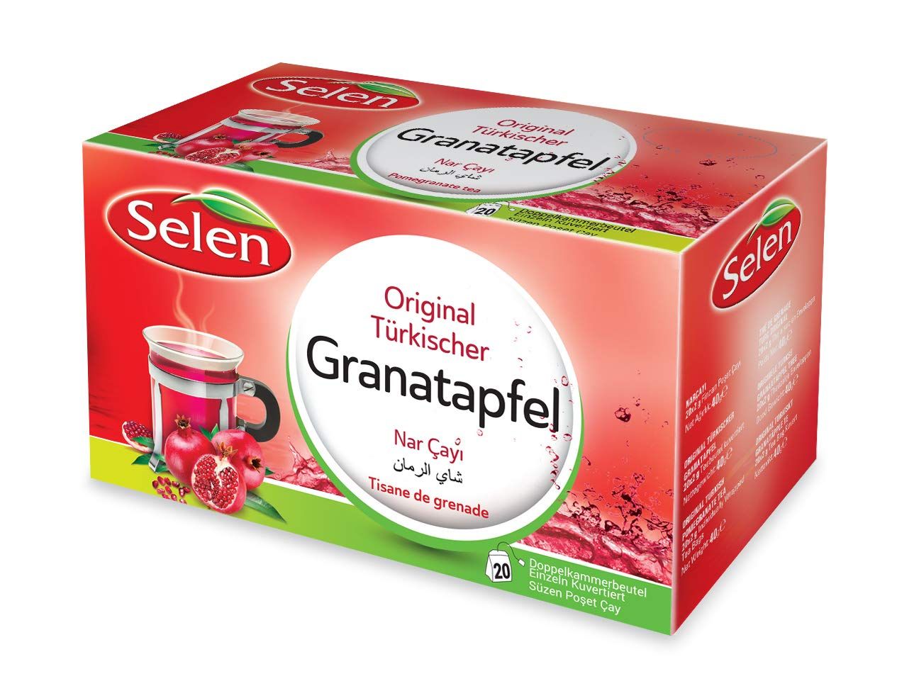 Rote Kartonverpackung mit "Selen"-Logo und "Original Türkischer Granatapfel"-Schriftzug. Abbildung von Granatapfel und Tee.