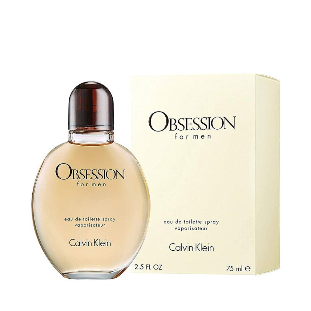 Flakon und Verpackung. Flakon rund, bernsteinfarben, mit braunem Verschluss. Verpackung beige, rechteckig. "OBSESSION for men".