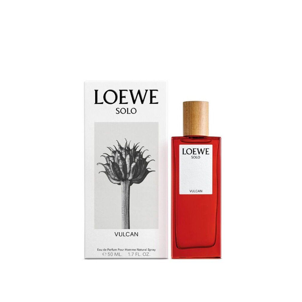 Loewe Solo Vulcan Eau de Parfum Flakon und Verpackung mit botanischer Illustration.