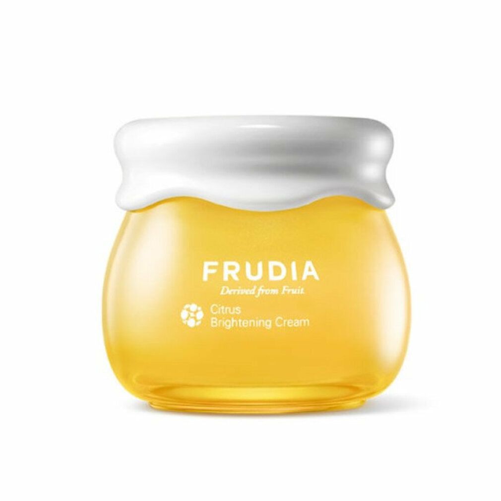 Gelbe Creme in einem Glas mit weißem Deckel. Aufschrift: FRUDIA, Citrus Brightening Cream.