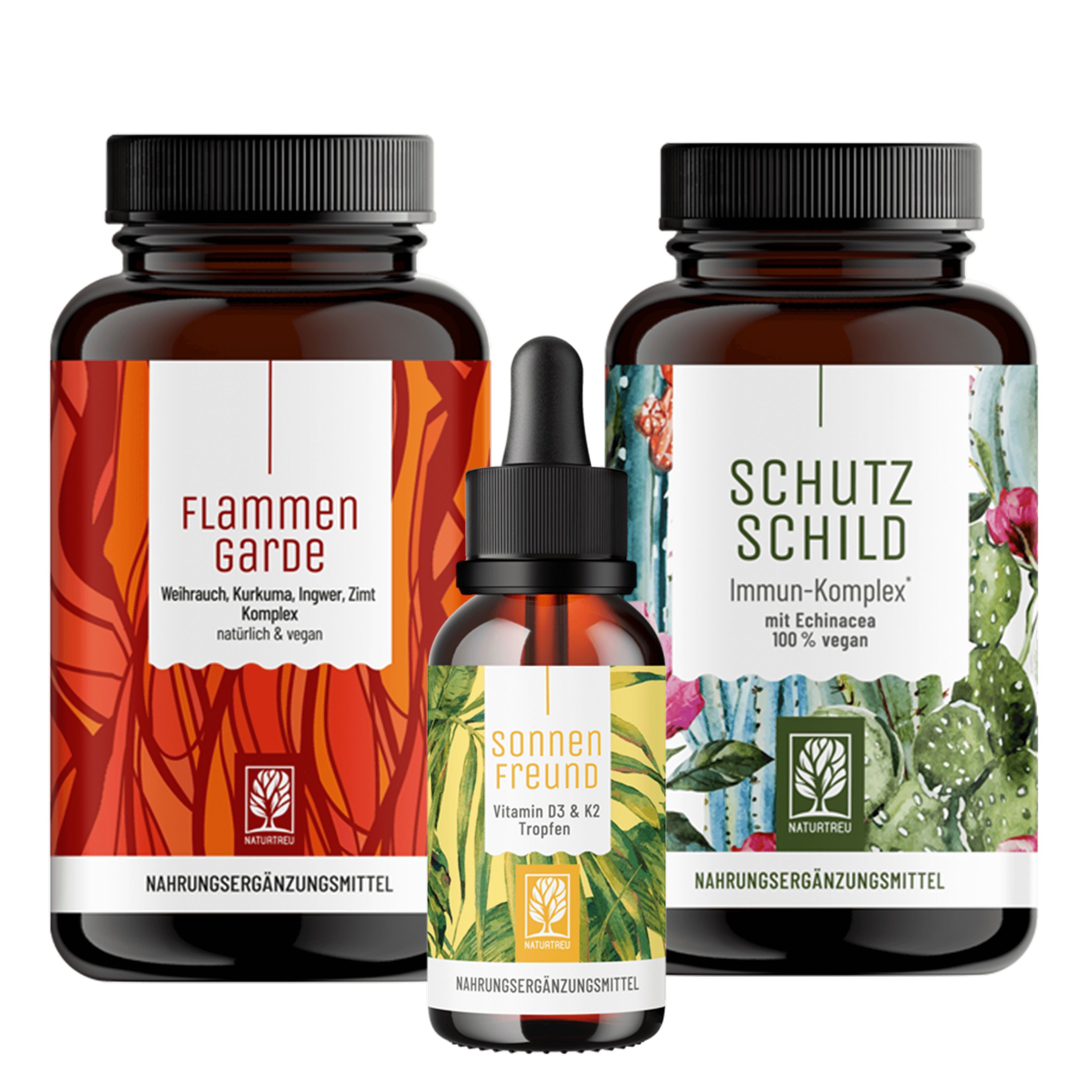 Drei Flaschen: FLAMMENGARDE, SONNENFREUND, SCHUTZSCHILD. Nahrungsergänzungsmittel. Etiketten mit Produktnamen und Logos.
