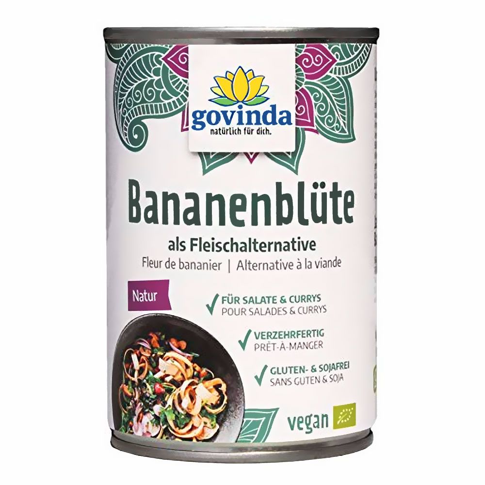 Konservendose mit Aufschrift Bananenblüte. Marke Govinda. Text: als Fleischalternative, Natur, vegan. Illustration von Gericht.