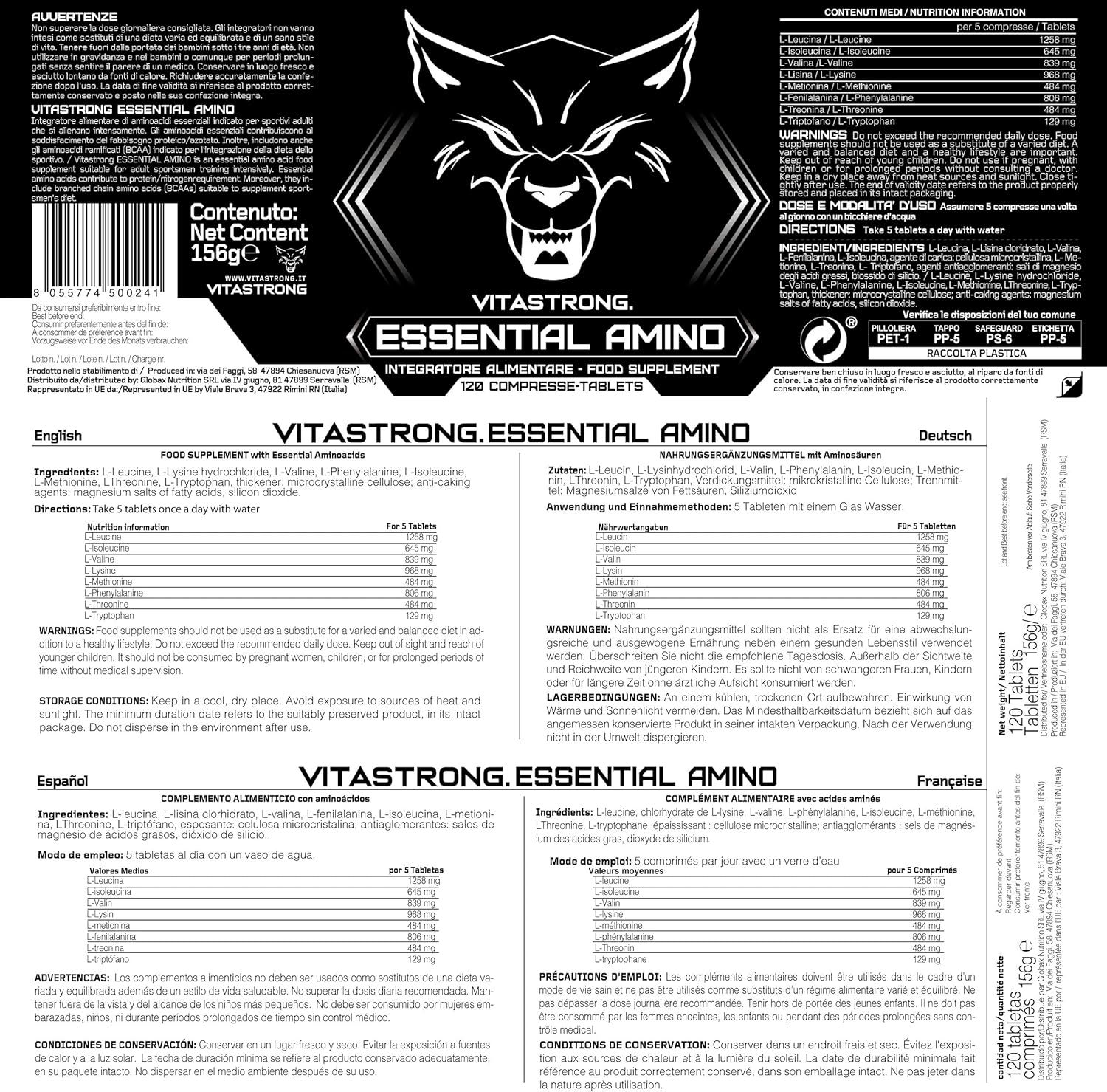 Vitastrong Essential Amino. Nahrungsergänzungsmittel. 120 Tabletten. Produktinformationen in mehreren Sprachen.