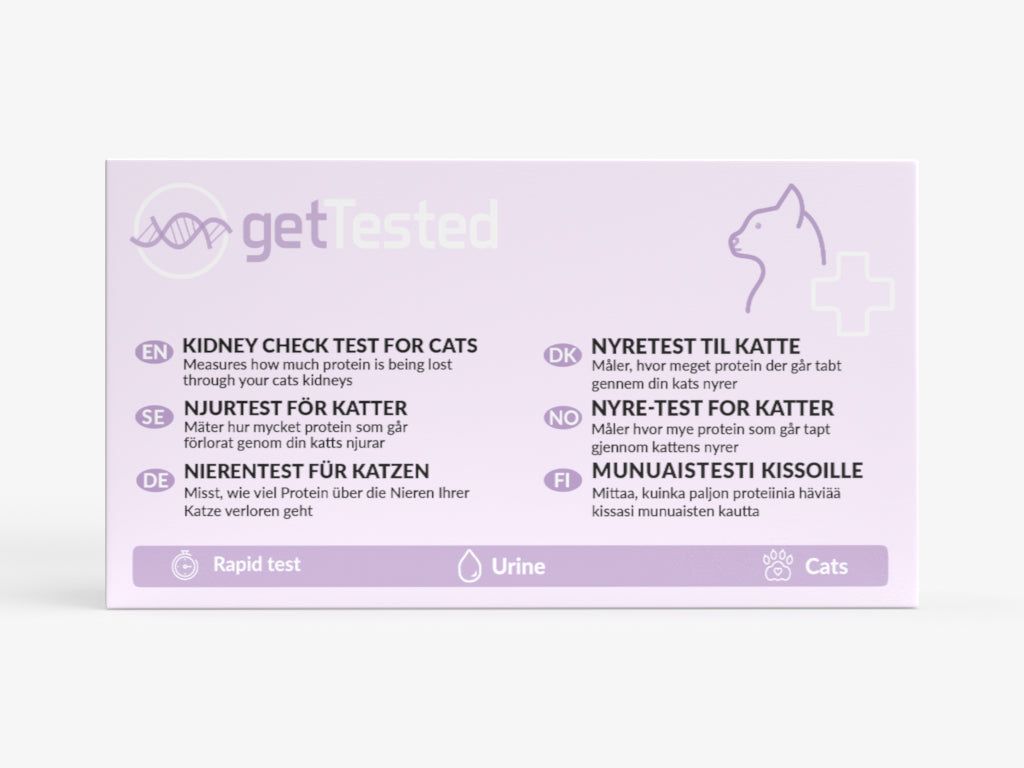 Verpackung von GetTested Nierentest für Katzen. Hellviolett mit Text in mehreren Sprachen. Enthält eine Abbildung einer Katze und das Wort "Urin".