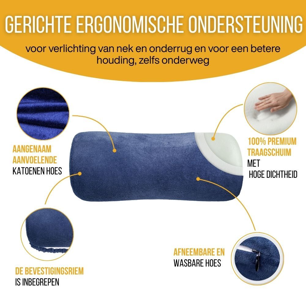 Blauw ergonomisch kussen. Kenmerken: katoenen hoes, bevestigingsriem, afneembare hoes, traagschuim.