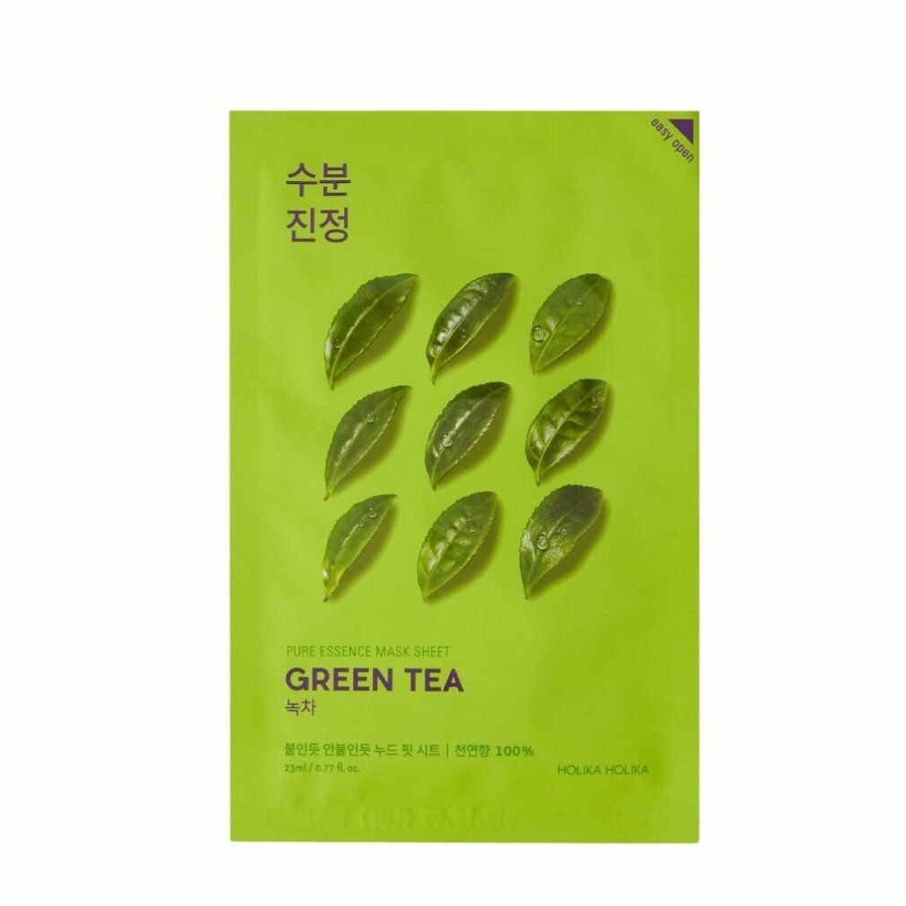 Holika Holika Pure Essence Mask Sheet Green Tea: Grüne Verpackung mit neun Teeblättern und Produktinformationen.