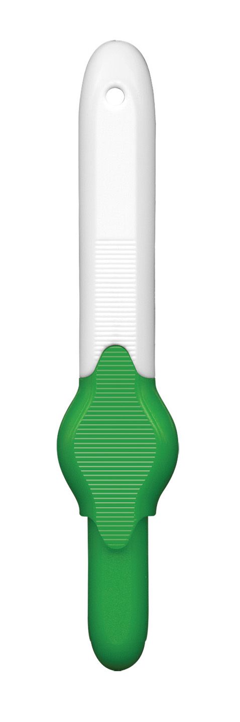Grüne und weiße Interdentalbürste. Weißer Bürstenkopf mit grünem Griff. Griff mit geriffelter Oberfläche und Loch.