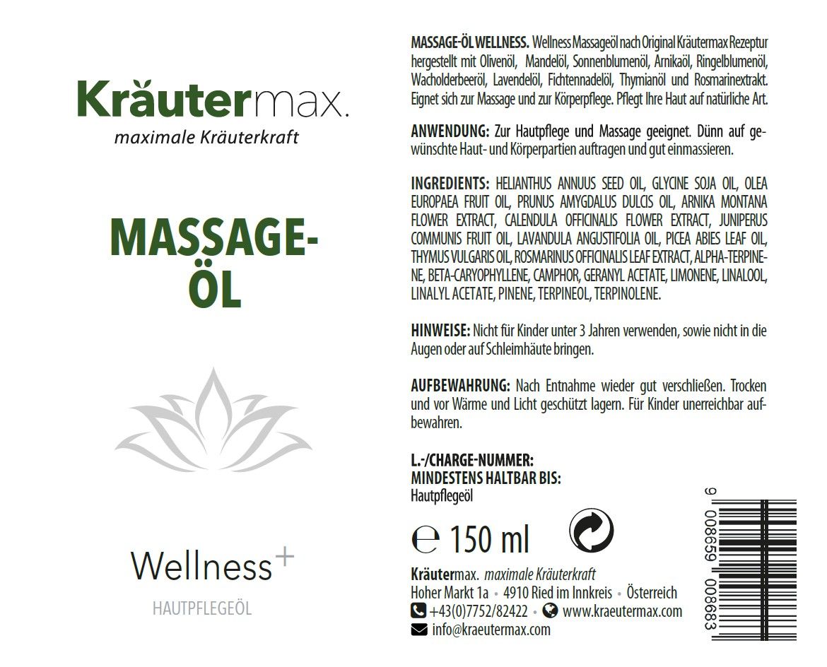 Rückseite einer Massage-Öl Flasche. Text: Kräutermax, Massage-Öl, Wellness+. Inhaltsstoffe, Anwendung, Hinweise, Aufbewahrung. Volumen: 150 ml. Chargennummer.