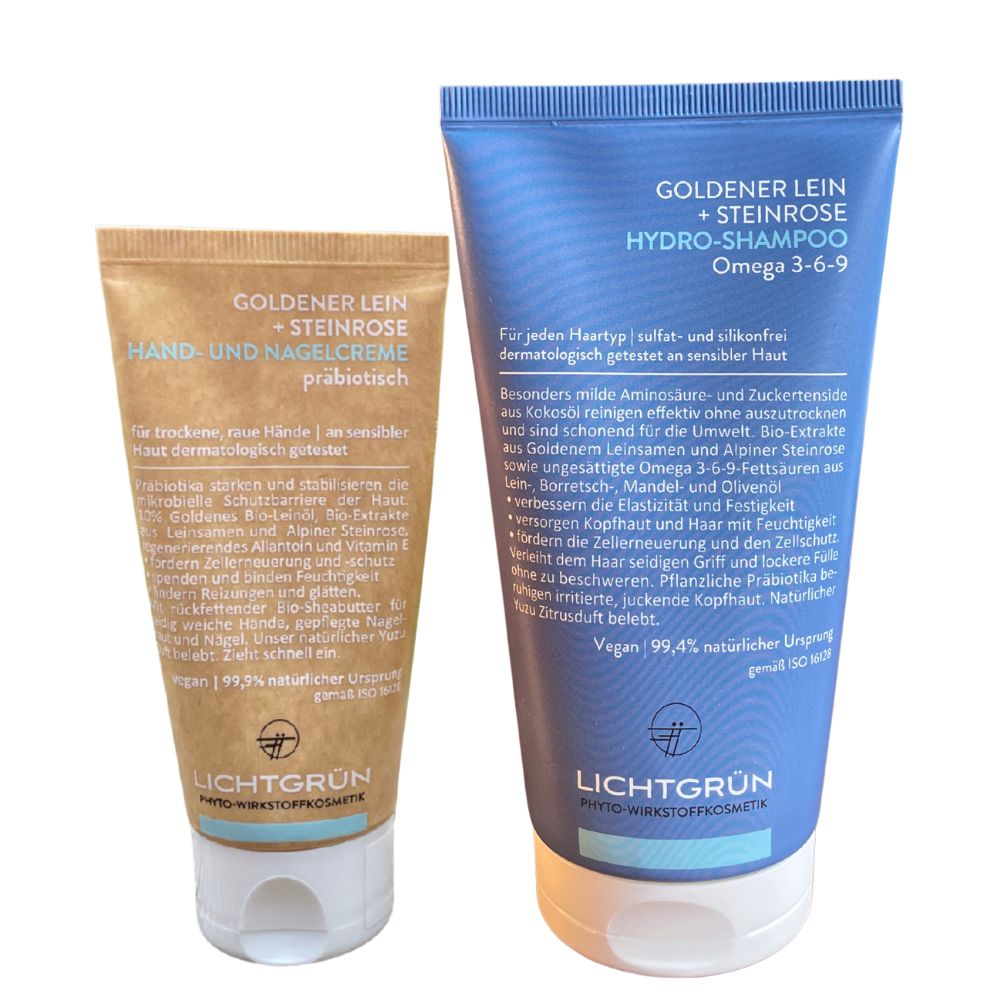 Zwei Tuben LICHTGRÜN® Produkte. Links Hand- und Nagelcreme, rechts Hydro-Shampoo. Beide mit weißem Verschluss.