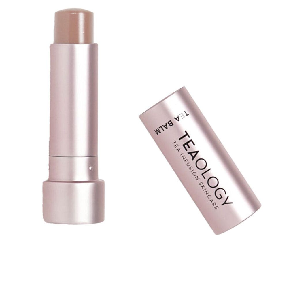 Lippenbalsam in rosafarbenem Stift. Der Deckel ist abgenommen und zeigt den Markennamen TEAOLOGY. Der Lippenbalsam ist hellbraun.