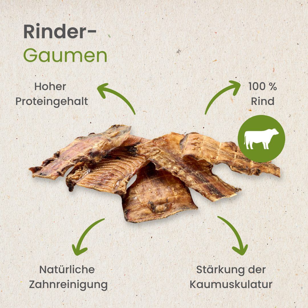 Getrocknete Rindergaumenstücke, 100% Rind, hoher Proteingehalt.