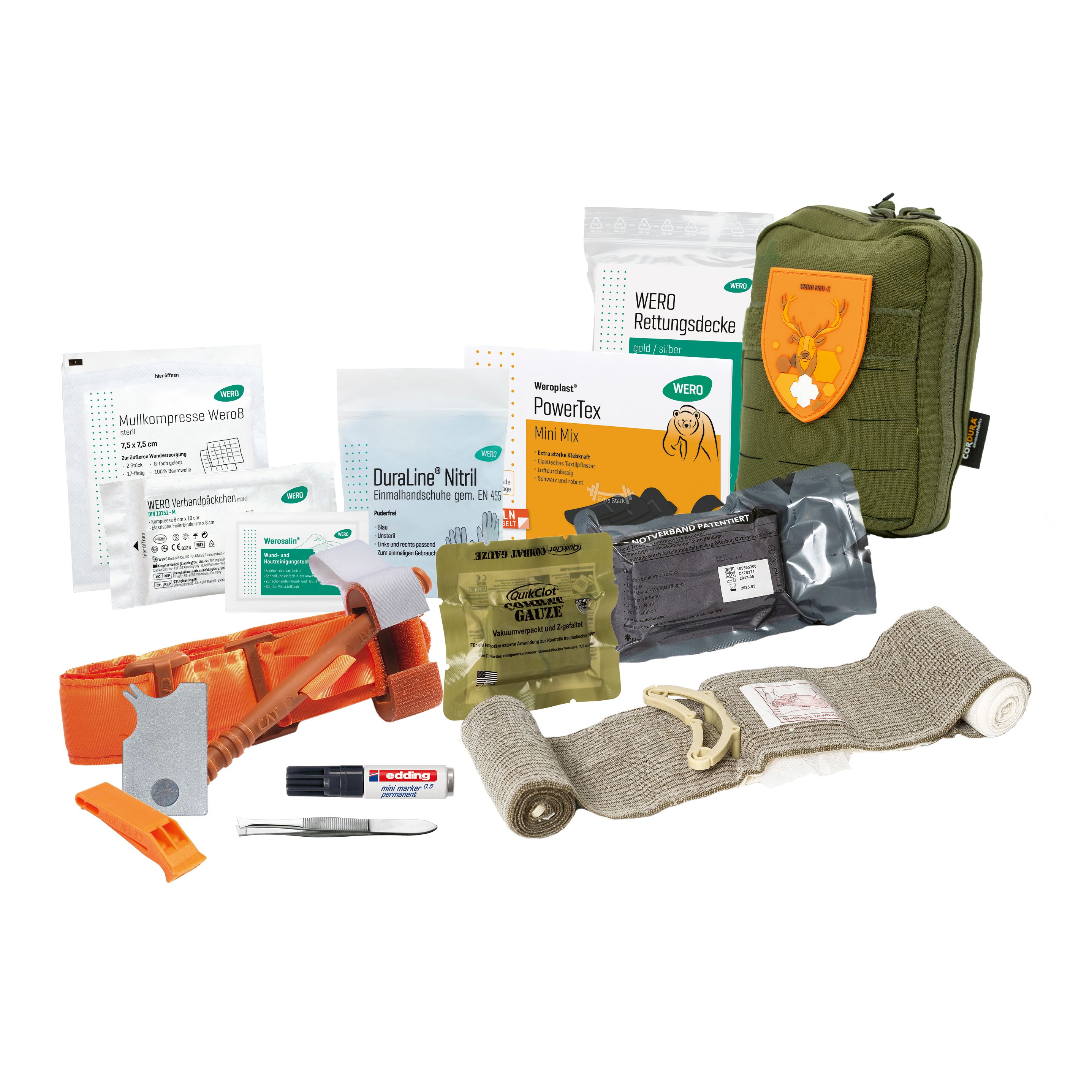 Medizinpackung mit verschiedenen Komponenten: Verbände, Tourniquet, sterile Tücher, Notfalldecke, Handschuhe. Grüne Tasche.
