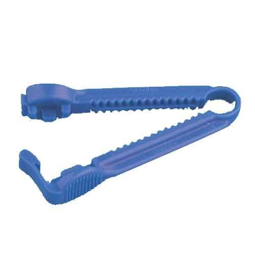 Blau Katheterklemme. Zangenförmiges Gerät mit gezahnten Greifflächen. Einseitig mit Griff und Loch.