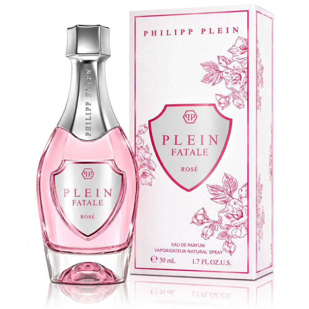 Philipp Plein Flakon mit rosa Parfüm und silbernem Verschluss, daneben die passende Verpackung.