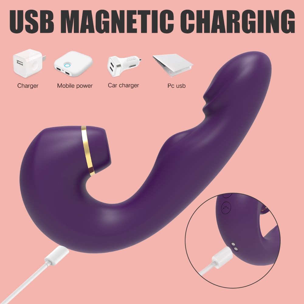 Lila Vibrator mit Text: USB-Magnetladung. Verschiedene Ladegeräte und Kabel.