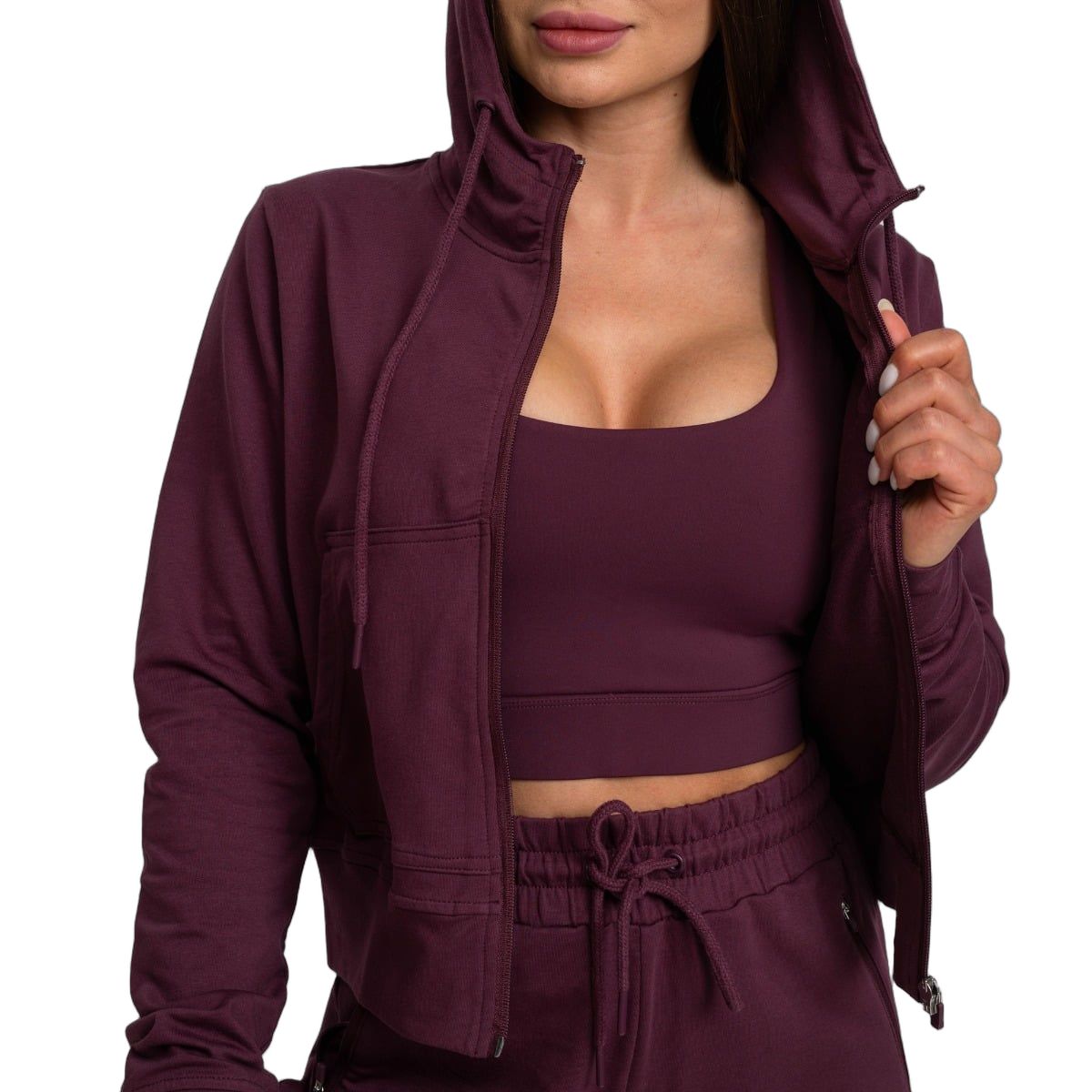 GymBeam Hoodie Damen slim cropped mit Kapuze und Reißverschluss in Eggplant